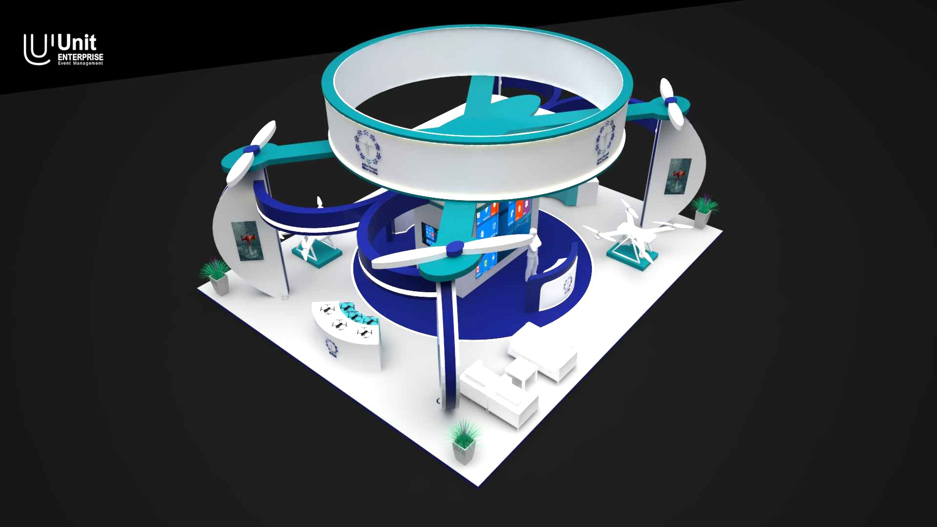 منظر أمامي كامل لجناح تسعة أعشار بتصميم دائري فريد وألوان رسمية.
EN: Full front view of the NineTenths booth with a unique circular design and corporate colors.
