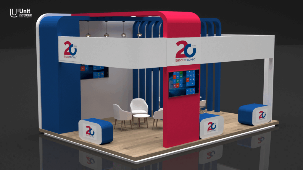 استخدام خطوط منحنية باللون الأزرق تضيف حركة بصرية على جانب الجناح.
Curved blue lines add dynamic visual flow to the side of the booth.