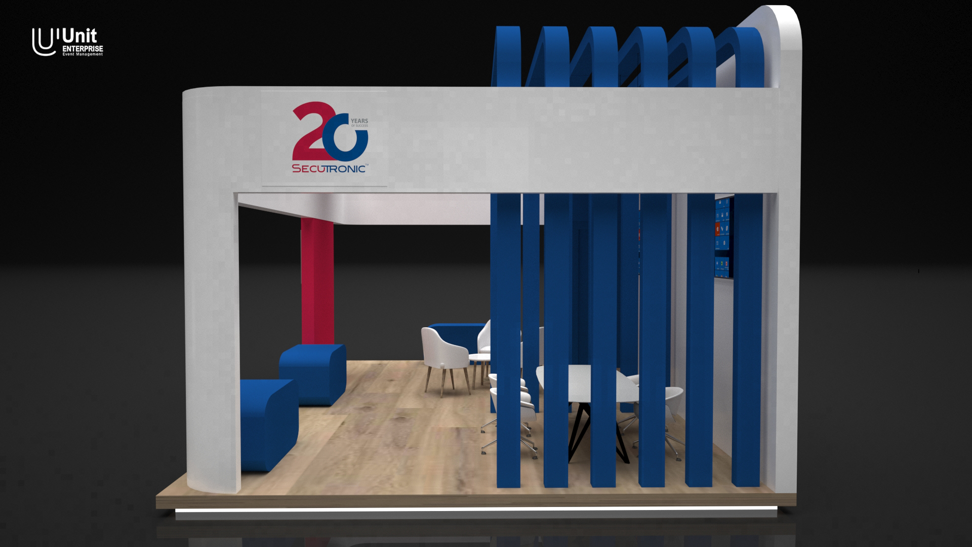 جناح عرض بتصميم هندسي عصري بألوان الأزرق والأحمر بمناسبة مرور 20 سنة على شركة SECUTRONIC.
A modern exhibition booth design in red and blue, celebrating SECUTRONIC’s 20-year anniversary.